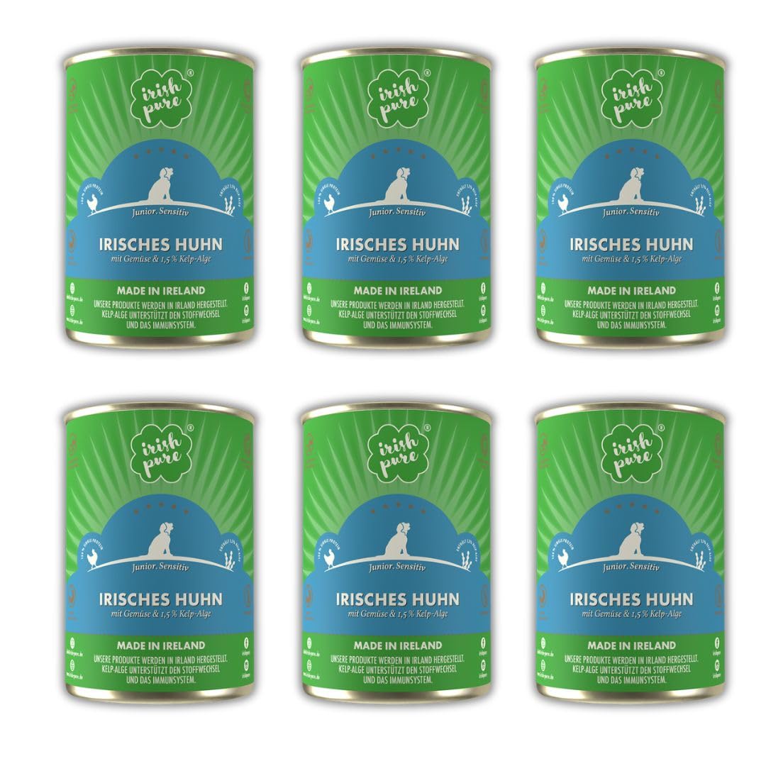 Irish Pure Premium Junior Nourriture Humide pour Chiens | 6 x 390 g | Poulet Irlandais | Vitamines | sans céréales | Sensitive | avec Superfood Kelp Algue | Nourriture Humide pour Toutes Les Races