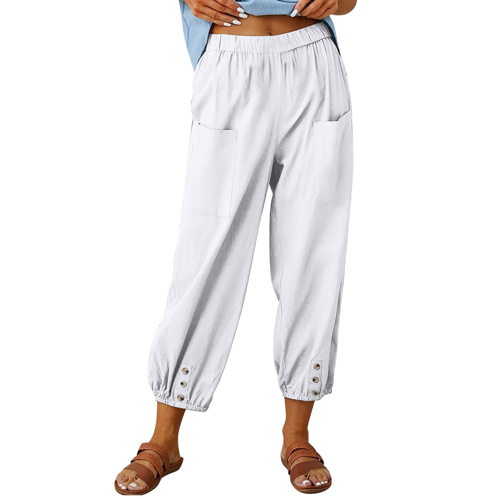 Hegem Capri Pants for Women Wide Leg Capri Linen Pants Womens Summer Cropped Pants Elastic Waist Baggy Crop Palazzo Pants