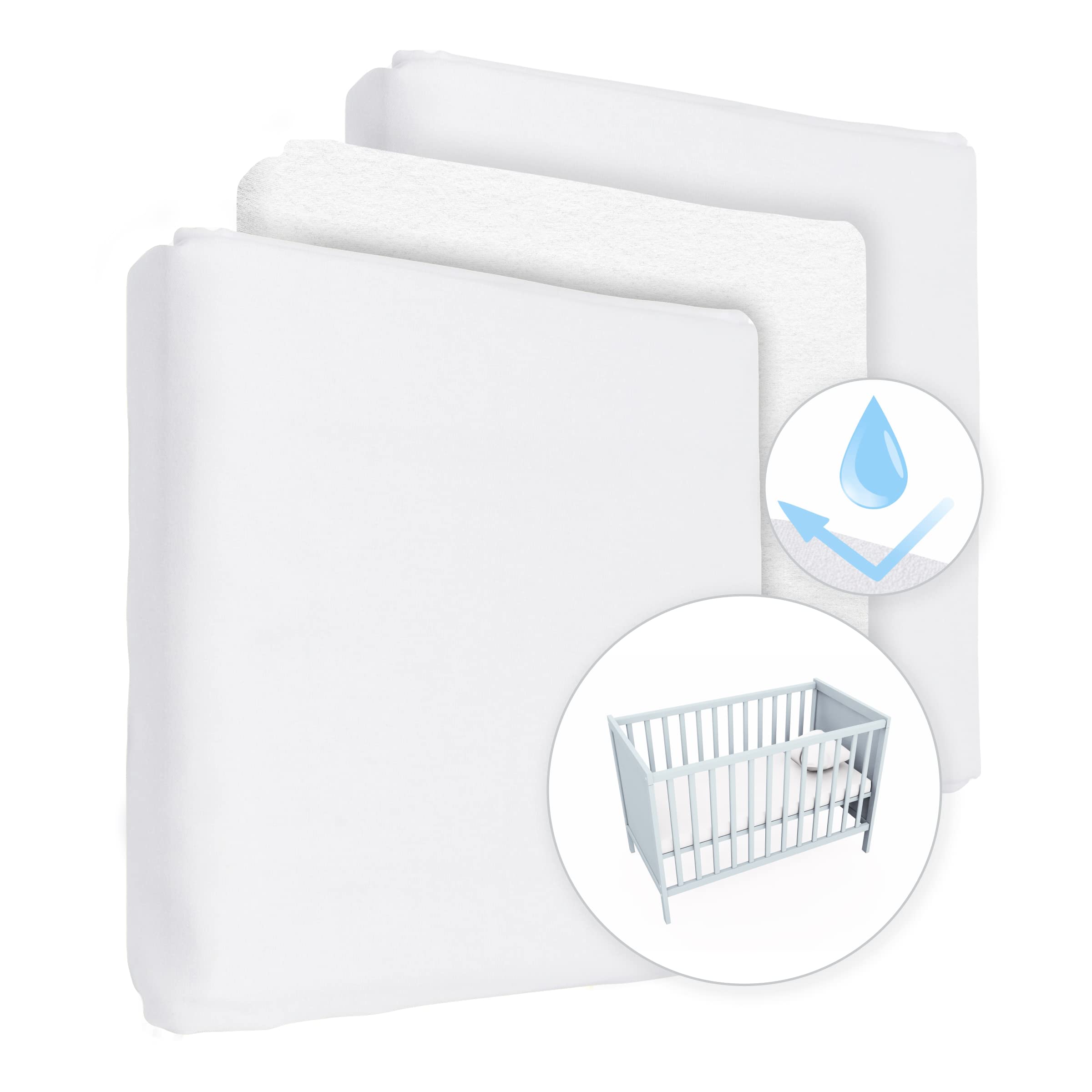 Baby Comfort White 2 Jersey Fitted Sheets With 1 Waterproof Mattress Protector For 140X70 Cm Cot Bed (White)
