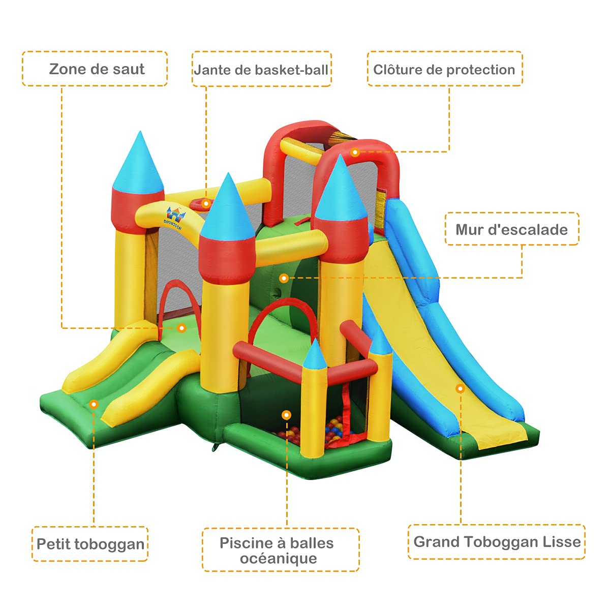 COSTWAY Château Gonflable avec 2 Toboggans et Souffleur, Aire de Jeux Gonflable avec Maison de Saut et Piscine à Balles, Panier de Basket, 60 Balles, Charge 135kg pour Enfant de 3-10 Ans