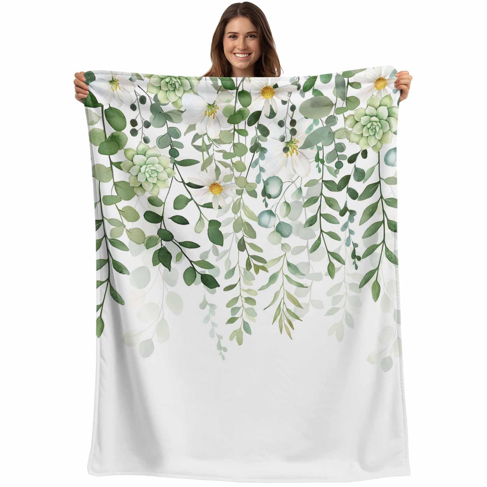 Spring Summer Eucalyptus Leaves Throw Blanket Flannel Fleece Throws, Sage Green White Lightweight Super Soft Warm Blankets for Couch Sofa Bed All Season Use,50x60 in