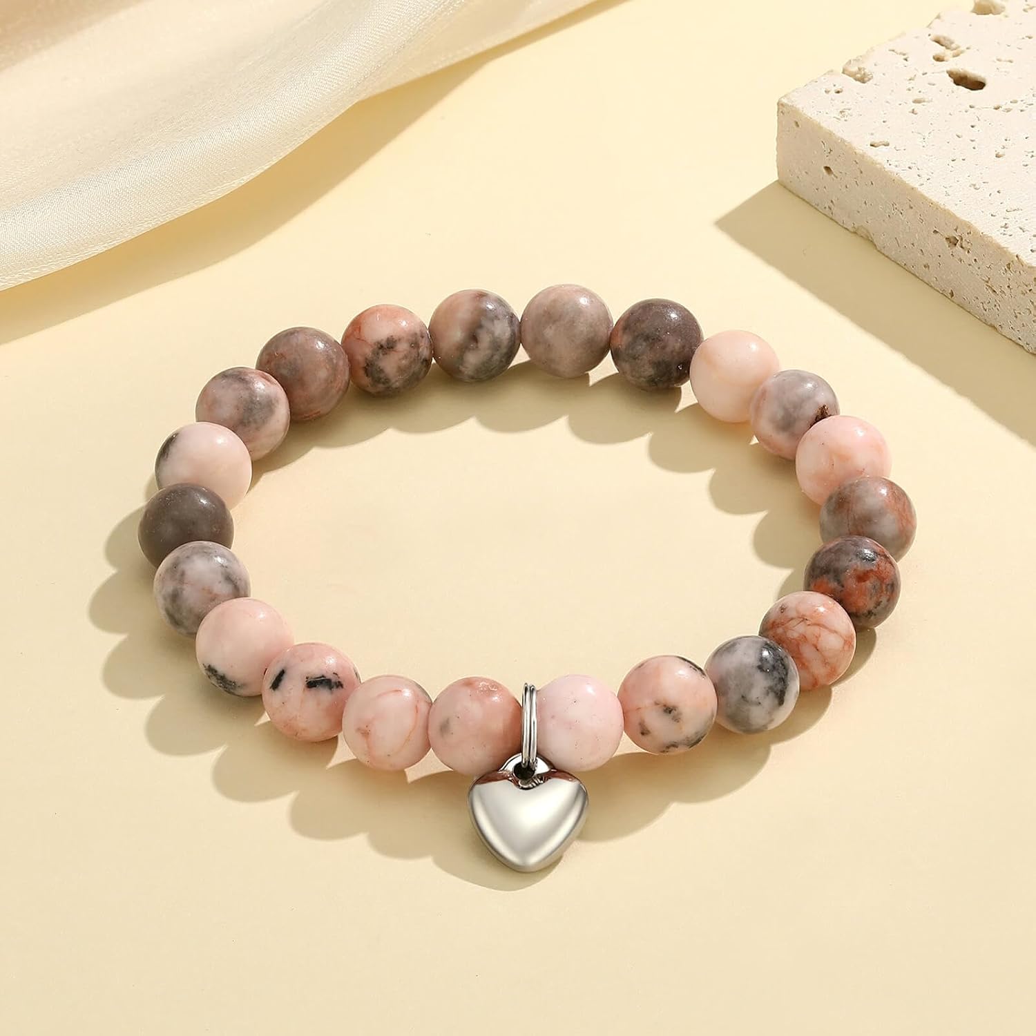 MIXJOY Inspirational Gifts for Women, Heart Charm Pink Elastic Beads Bracelet, Positive Affirmations Get Well Soon Gifts - Image 2