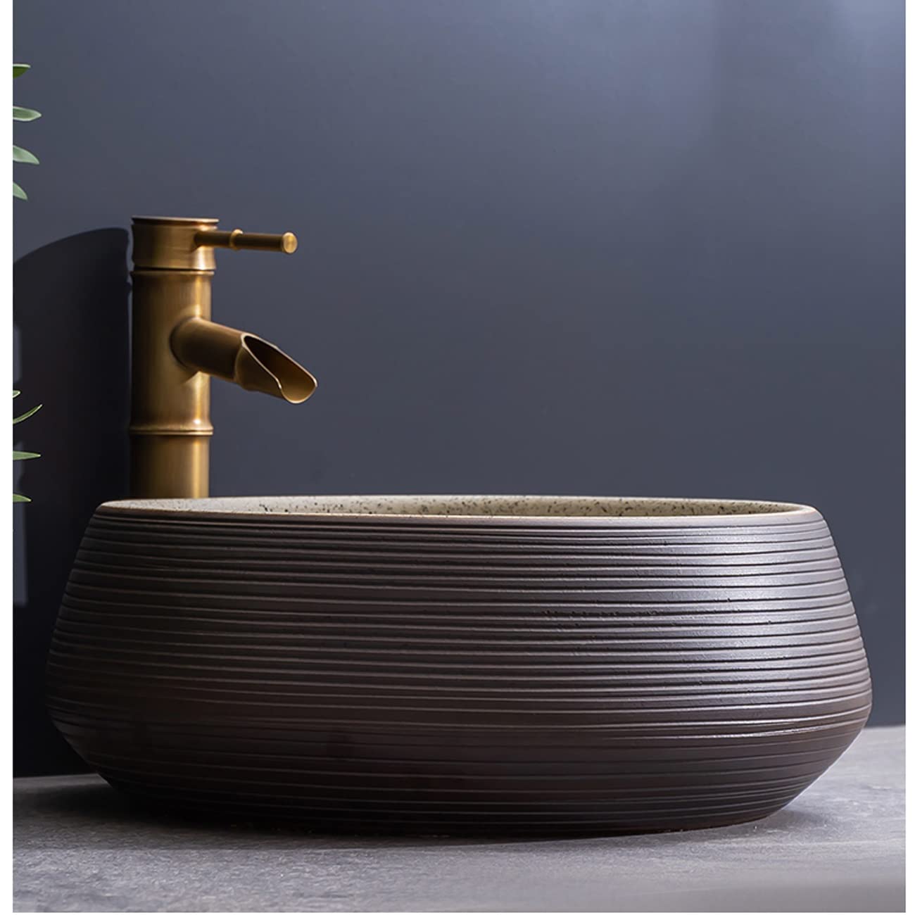 Okrągła Umywalka Nablatowa, Minimalistyczna Porcelanowa Umywalka Łazienkowa Nablatowa, Ceramiczna Umywalka Z Baterią W Kształcie Bambusa, O Teksturze Linii