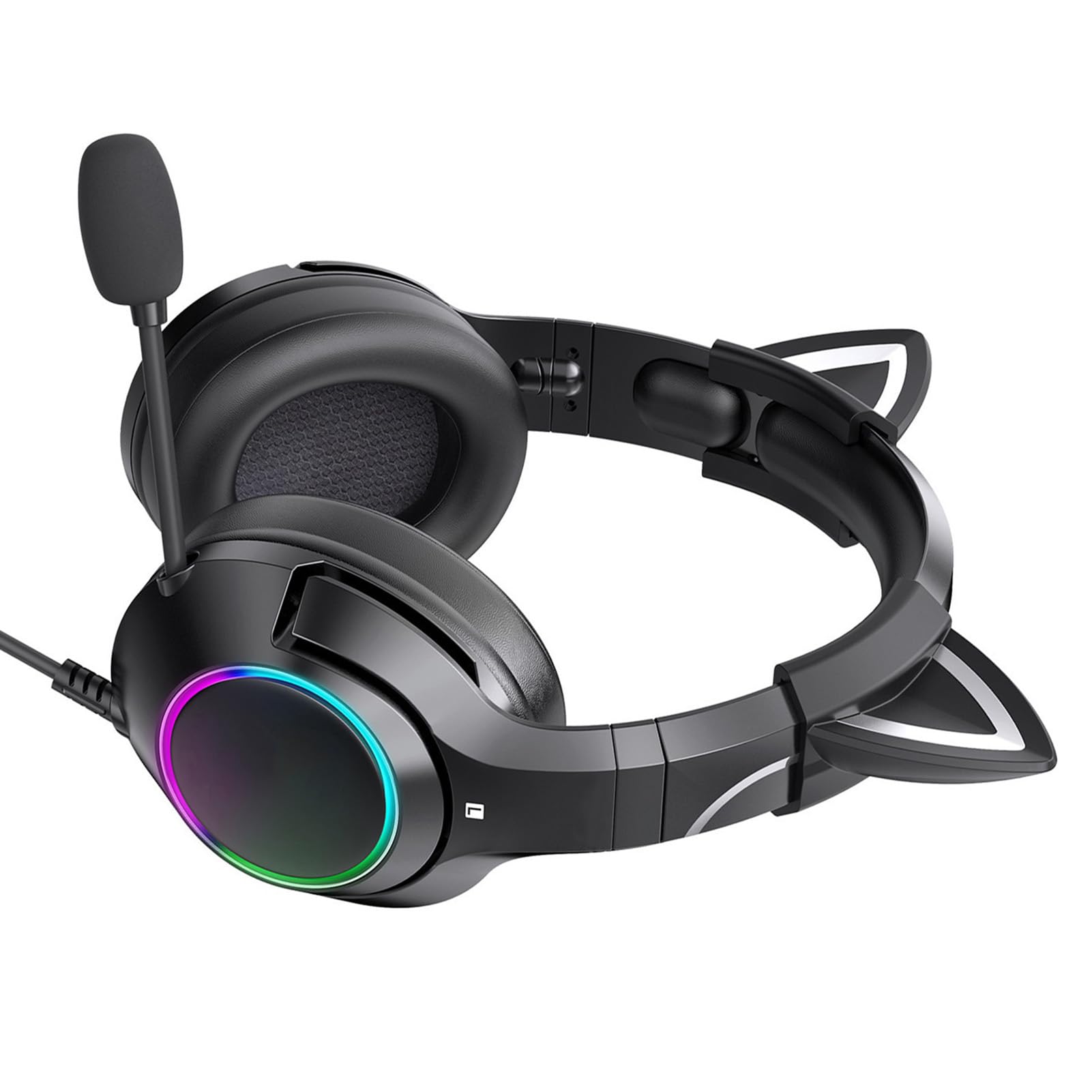 Gaming-Headset mit Mikrofon, abnehmbare Katzenohr-Kopfhörer, Katzenohr-Design mit RGB-Beleuchtung, Verstellbarer Kopfbügel-Kopfhörer 7.1 Surround Sound, leichte Over-Ear-Kopfhörer (Schwarzer