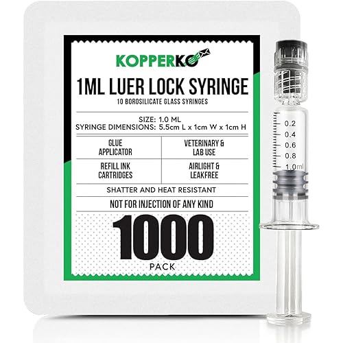 Kopperko 1 ml Luer Lock Syringe (1000-Pack) - Shatter & Heat Resistant, Borosilicate Glass 1ml Glass Syringe for Use With Liquids, Glue, Oils, Ink | Premium Quality for Use in Labs & for Crafts