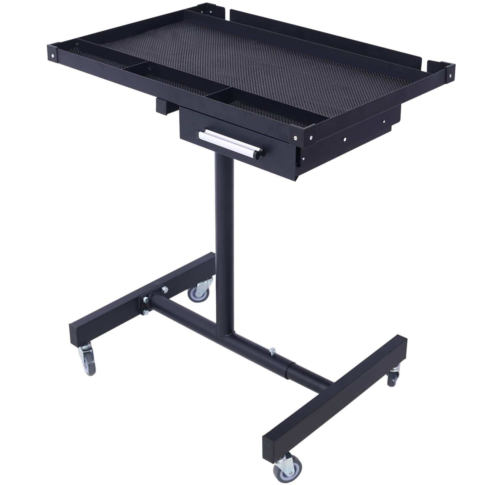 Heavy Duty Adjustable Work Table with Drawer – Rolling Tool Tray with Wheels, 220 lb Capacity, Portable for Garage, Repair Shop & DIY (Black)