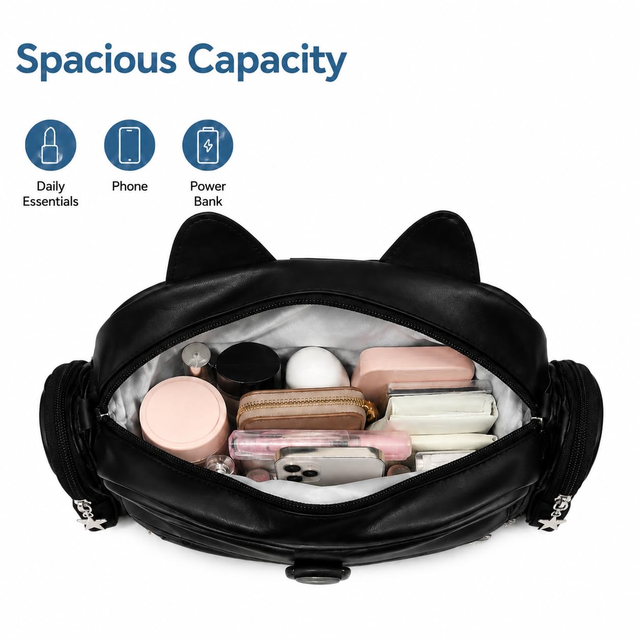 Kawaii Ita-Rucksack mit Katzenohren – Süße Cartoon-Katzen Umhängetasche für Mädchen, Ästhetischer Schulrucksack mit Klarsichtfenster & Pin-Display-Einsatz für Pins, Mehrzweck Tasche (Schwarz)