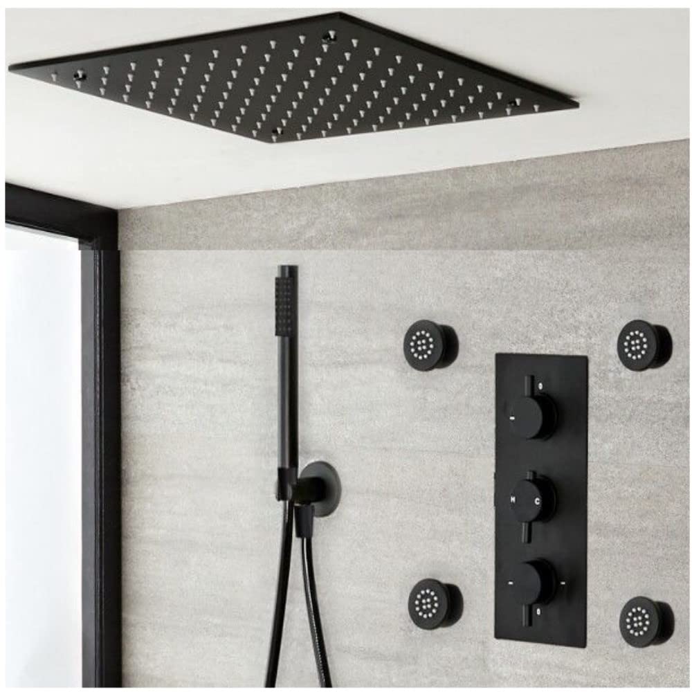 Milano Black Nero Thermostatic Mixer Valve Ceiling Mounted Recessed Shower Head Handset Body Jets