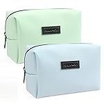 MAANGE 2 Pcs Small Makeup Bag For Purse, Travel Cosmetic Bag Makeup Pouch PU Leather Portable Versatile Zipper Pouch For Women (Blue+Green)