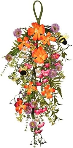 Floración de verano de 22 pulgadas y abejorro floral en forma de lágrima Flores artificiales amarillas, rosas, naranjas y blancas