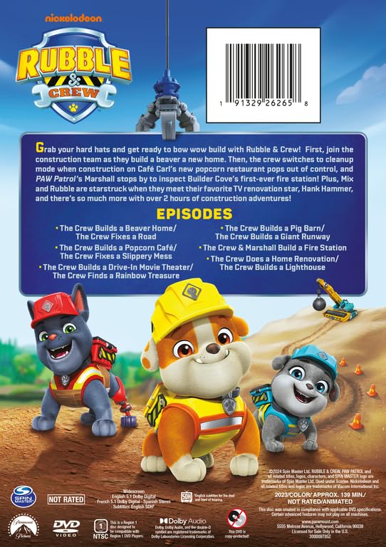 Back cover of Rubble & Crew: Construction Crew to the Rescue! DVD with episode list and barcode