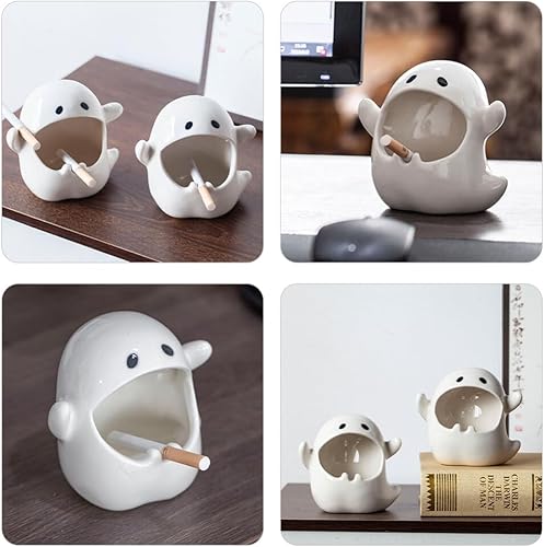 Miniatura 2 de Decoración de oficina para hombres, cenicero fantasma de Halloween, soporte de cenizas de cerámica, bandeja de cenizas portátil decorativa, bandeja