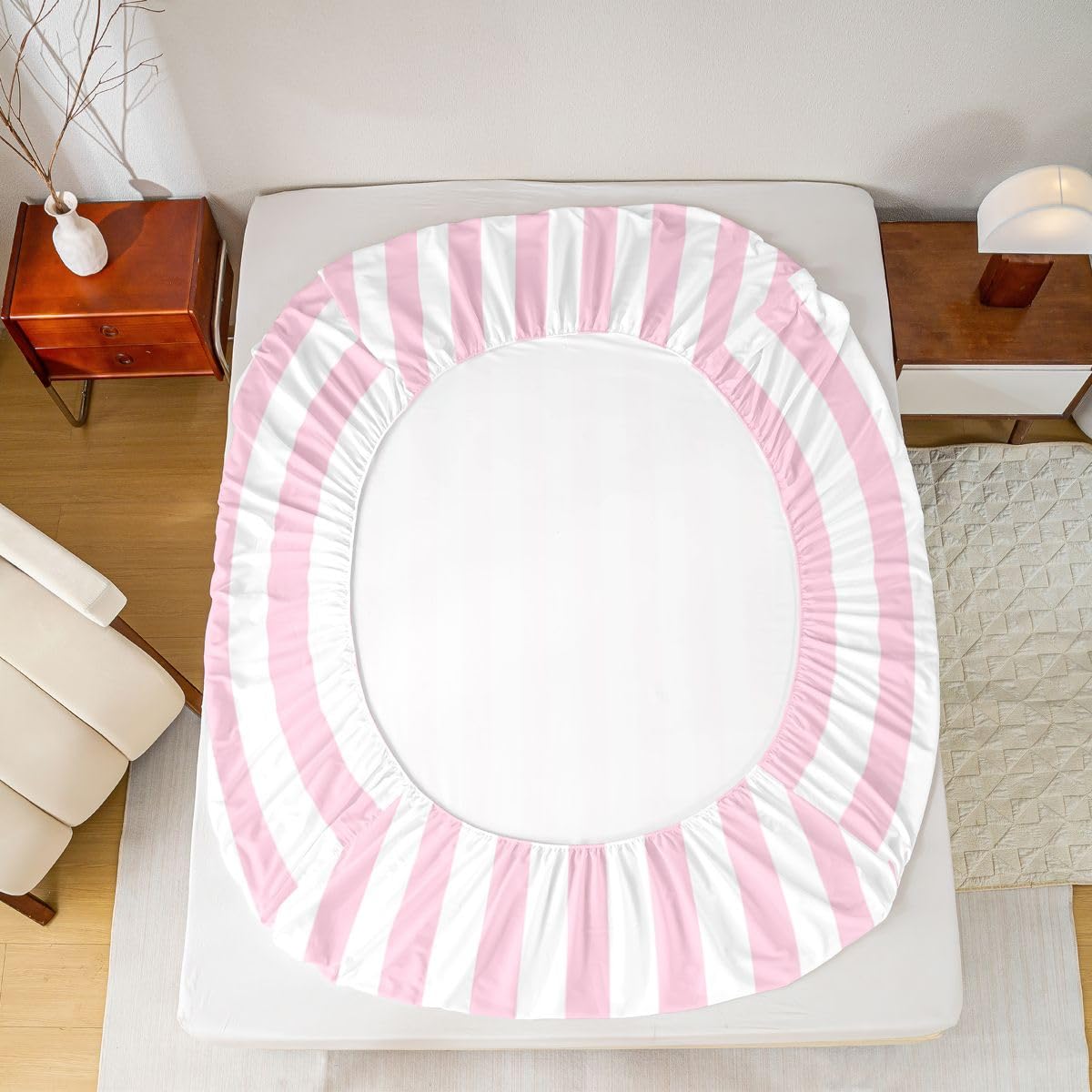Manfei Gestreiftes Oberlaken, Queen-Size-Größe, gestreiftes Bettwäsche-Set, 4-teilig, für Kinder, Mädchen, Jungen, Teenager, Zimmer-Dekoration, moderne geometrische Linien, Spannbettlaken, rosa-weißes