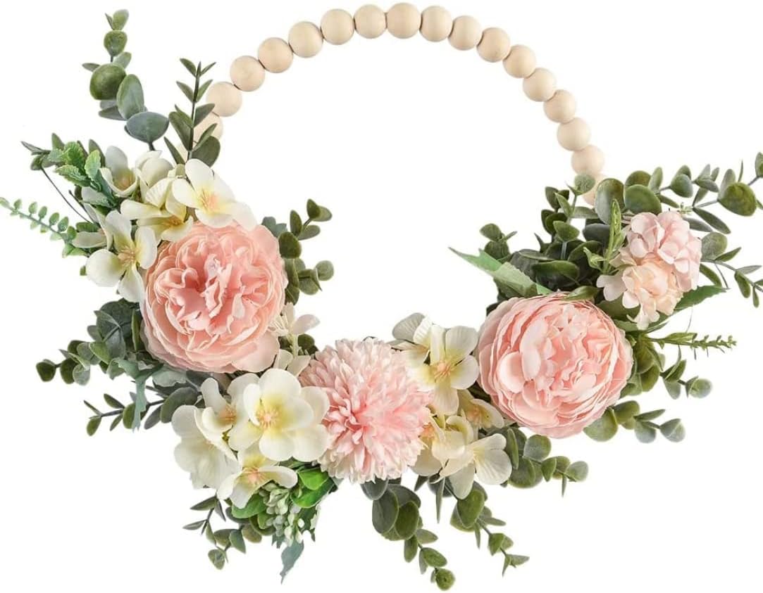 Wood Bead Floral Wreath Artificial Flower with Eucalyptus Leaves Hanging Hoop Wreath for Wedding, Jouets Pour Enfants