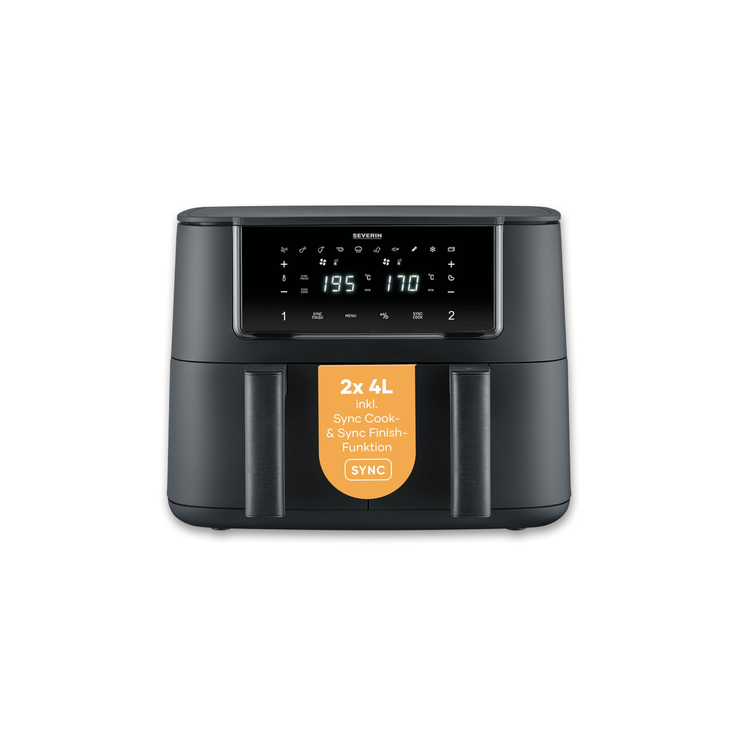 Severin Heißluftfritteuse Dual Zone, 2x4L Fächer, vielseitige Zubereitung, Touch-Display, Warmhaltefunktion, Temperatureinstellung synchronisierbar, 10 Programme, 2600W, Black Line, schwarz, FR 2463