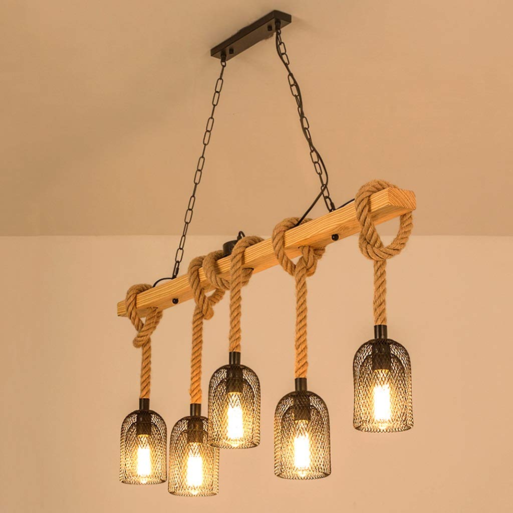 LYMSXAZOU Industrial Hemp Rope Chandelier Fitting Loft Bar Ceiling Pendant Light Fixture with Glass Lampshade Antique Wood Element Hanging Lamp for Cafe Barn Farmhouse