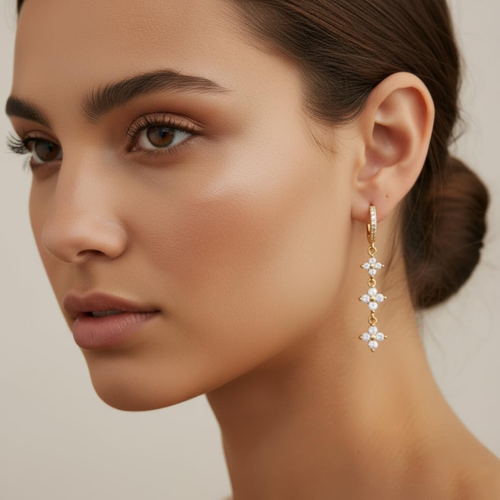 Gold Dangle Drop Earrings for Women, Trendy 14K Gold Plated Dangle Cubic Zirconia Pave Huggie Hoops, Hypoallergenic Long Dangling Drop Earrings CZ Hanging Jewelry Gifts for Her - Image 6