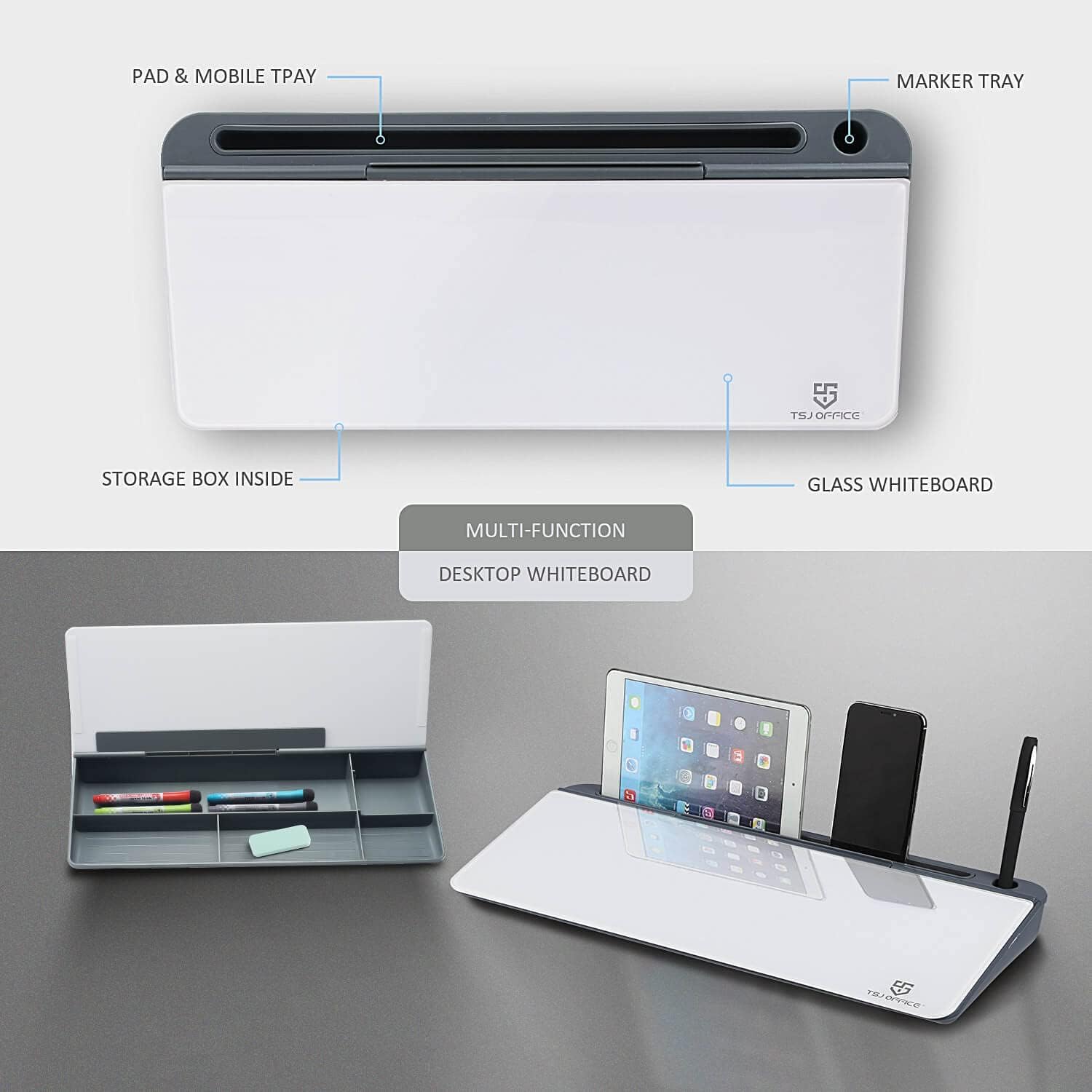 XBEY Small Glass Desktop Whiteboard Dry-Erase-Board -Computer Keyboard Stand White Board Surface Pad Office and School Accessories Supplies with Storage Caddy for Computer Keyboard Stand (Grey) 3