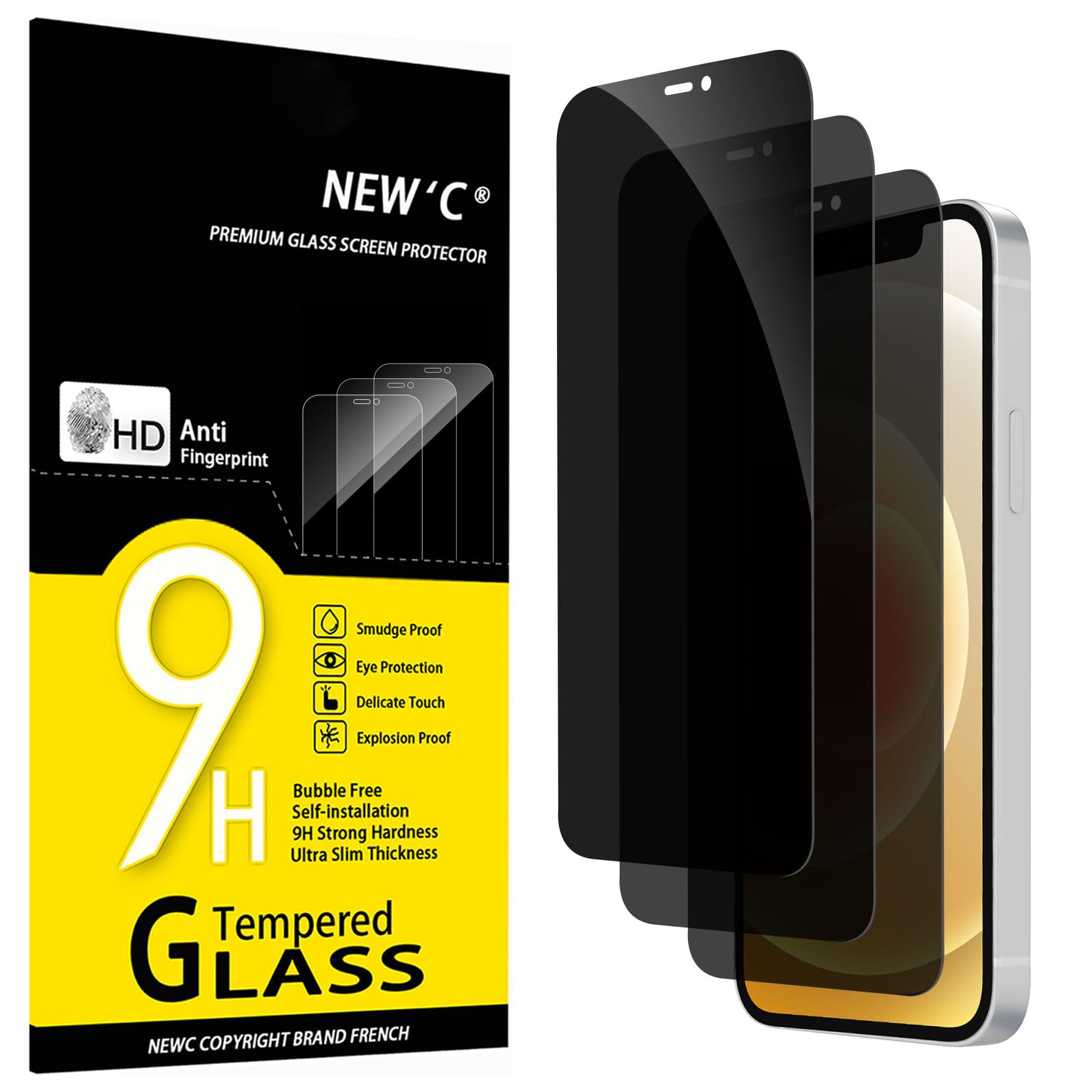 NEW'C 3 Pack Privacy for iPhone 12,iPhone 12 Pro Screen Protector (6.1"), Enhanced 28-Degree Privacy Angle, Ultra Durable 9H Hardness, Bubble-Free