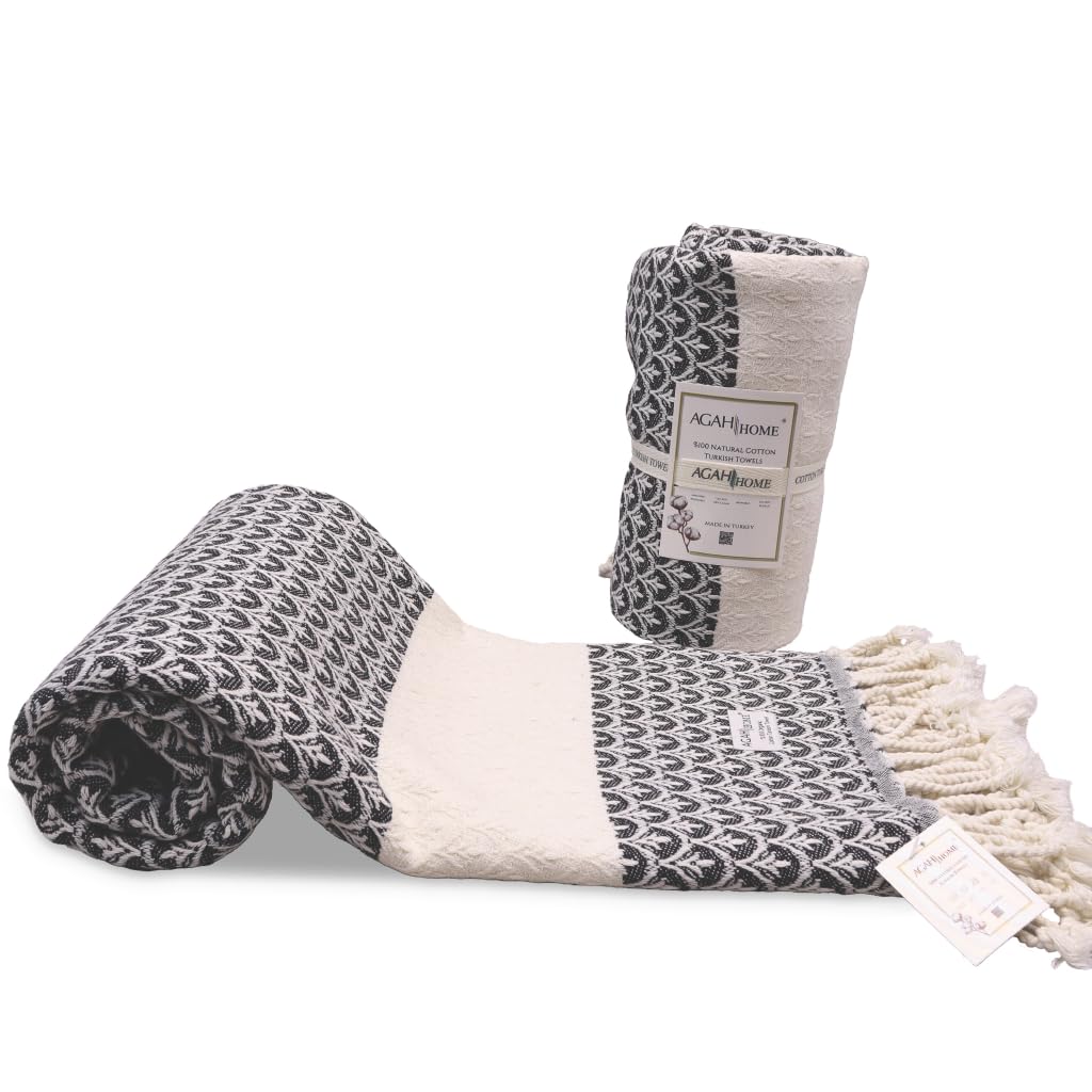Agah Home Turkish Beach Towel for Adults - Turkish Towels Beach Towels - Quick Dry Beach Towel for Bathroom - Lightweight Beach Towel for Vacation - Sand Free Beach Towel - 36' × 68' (Salk?m-Black)