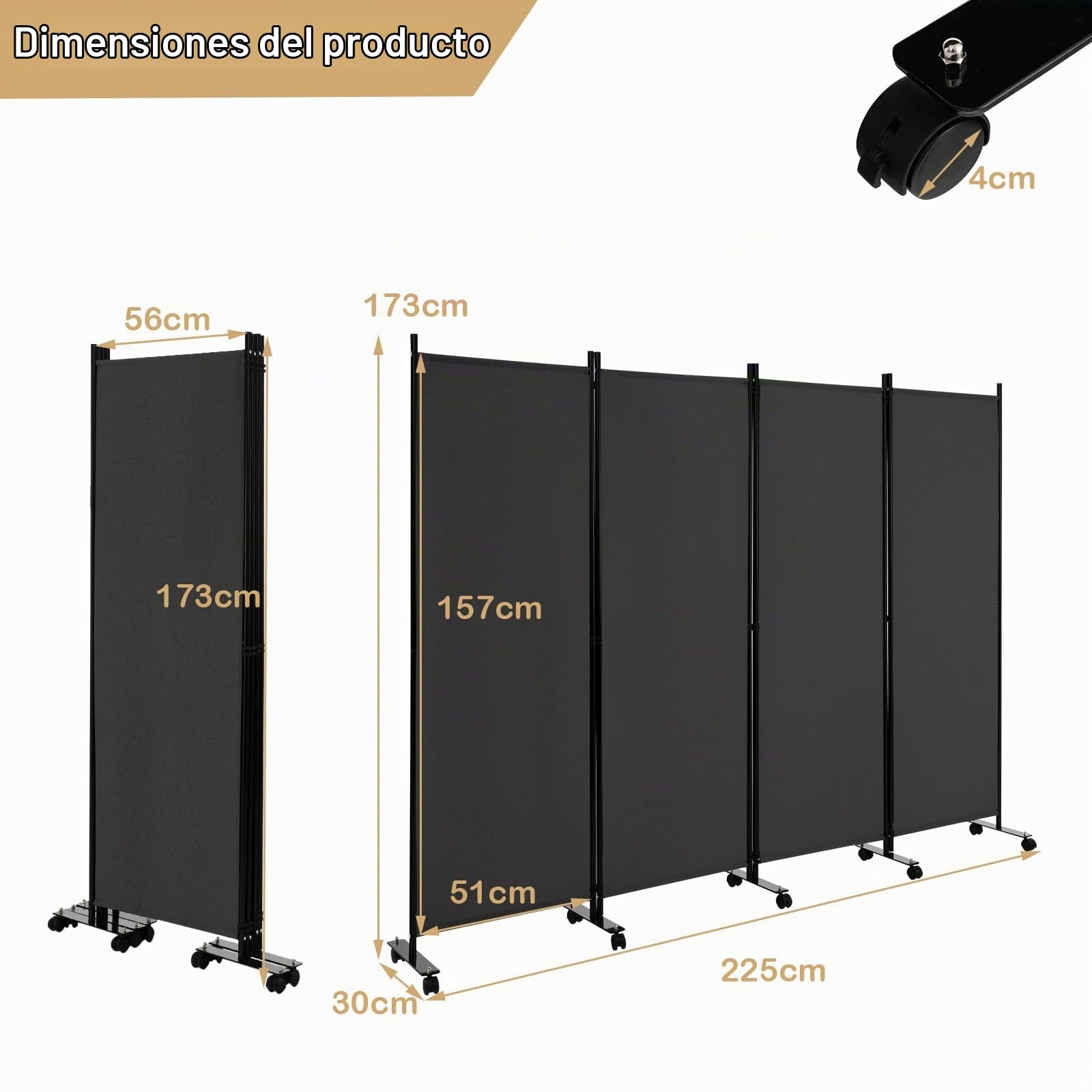 LIFEZEAL Biombo Plegable de 4 Paneles Gris con Estructura Metálica (Gris) | Separador de Espacios para Interior y Exterior con 10 Ruedas, Pared Tabique y Protección de la Intimidad