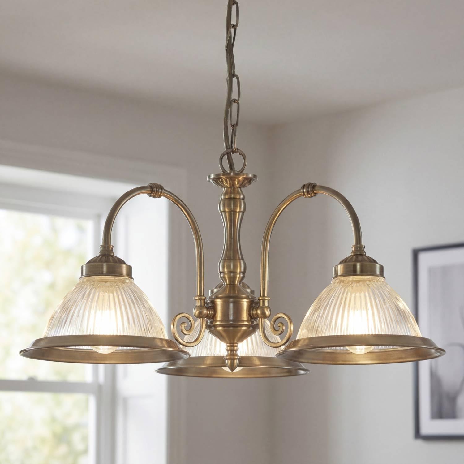 Licht-Erlebnisse Hängelampe Jugendstil, Glas Metall, in Messing, B: 62 cm, 3-flammig, E27, Esszimmer, Wohnzimmer, Küche, elegante Pendelleuchte Esstisch