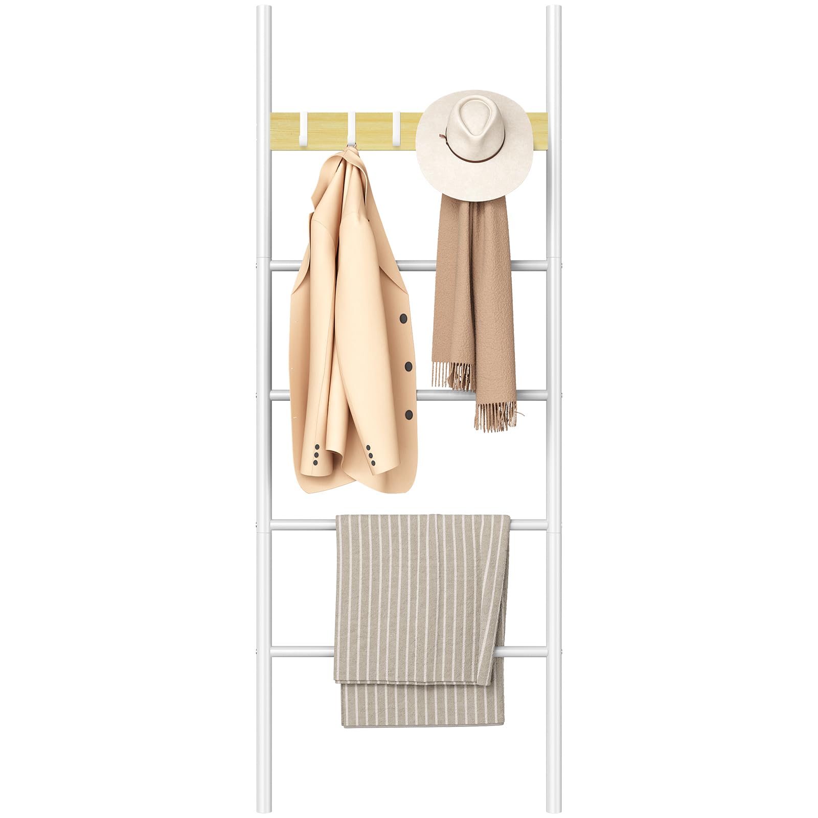 HOOBRO Portasciugamani, Portasalviette Bagno, Porta Asciugamani con 5 Staccabile Ganci, 60 x 2 x 177cm, per Asciugamani, Vestiti o giornali, Stabile, Bianco e Naturale EWN60CJ01