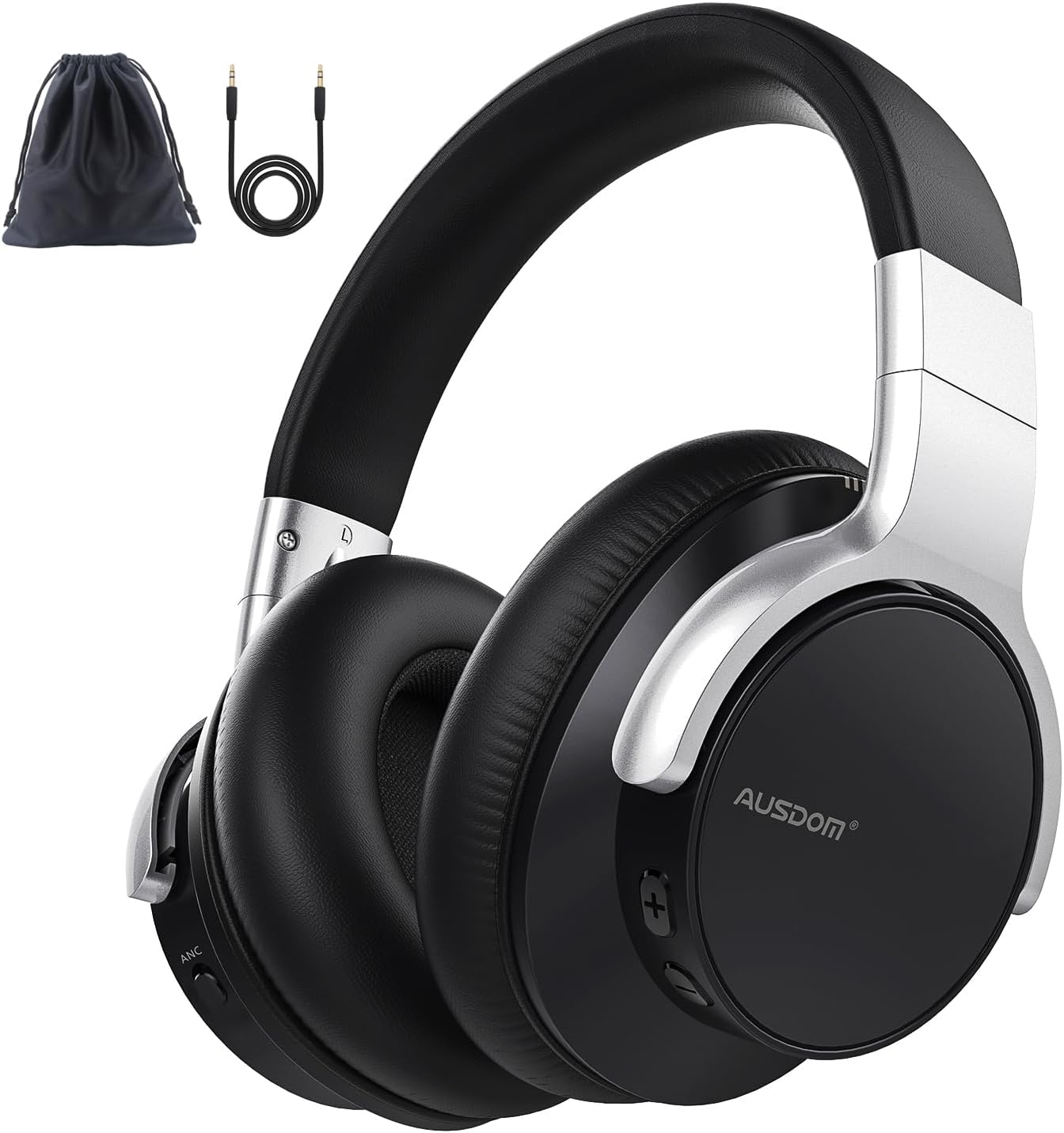 AUSDOM Bluetooth Noise Cancelling Headphones: E7 Wireless Over Ear ANC Headphones with Microphone, 50H Playtime, Hi-Fi Sound, USB C Charge, Comfortable Earpads for Travel Work Adults, Sliver Black