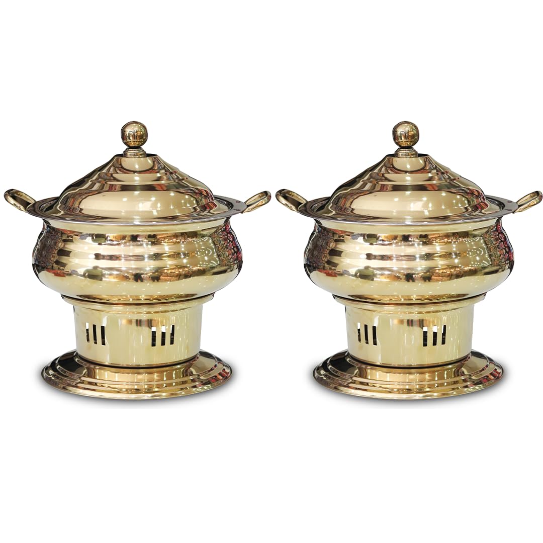 Malabar Stainless Steel Round Golden Chafing Dish with Lid, 6 LTR Capacity | PVD Coated Golden Chafing Dish | Set of Two-picture-11