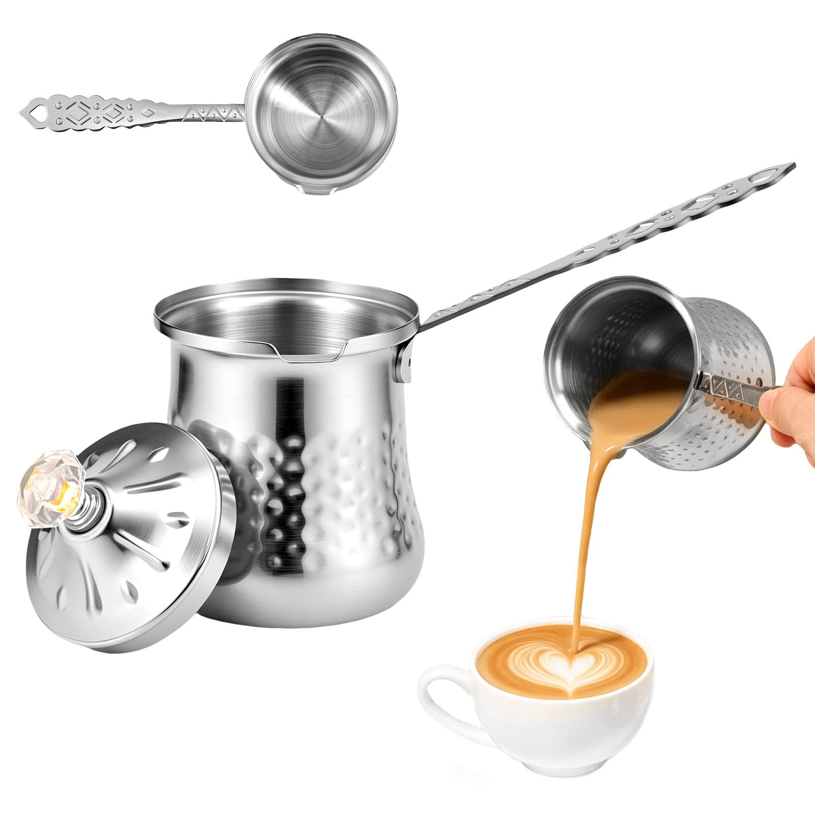 400ml Hammered Turkish Coffee Pot, Stainless Steel Cezve with Long Handle, Authentic Handmade Greek Arabic Ibrik Briki for Stovetop(with Lid)