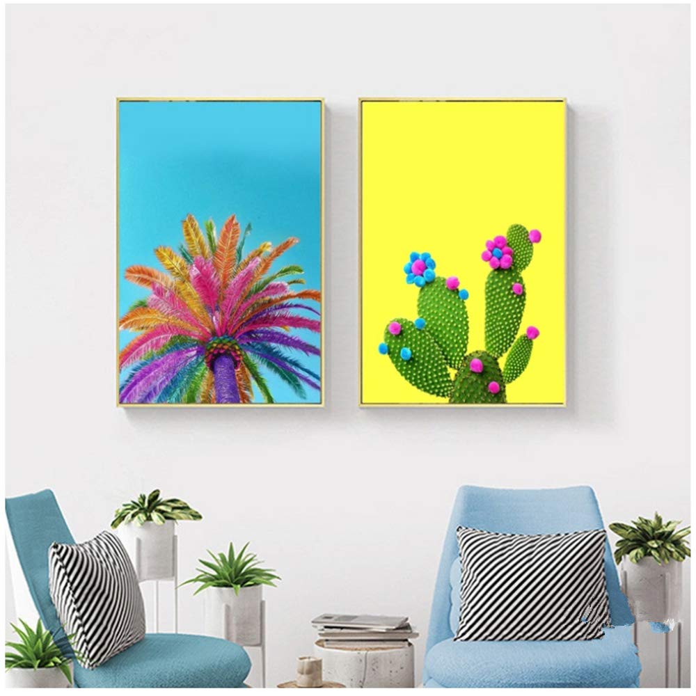 Pintura de Lienzo Rainbow Watercolour Plantas Plantas Carteles e Impresiones Modern Wall Art Picture Paisaje nórdico Enmarcado Decoración para el hogar 60x80cm con Marco