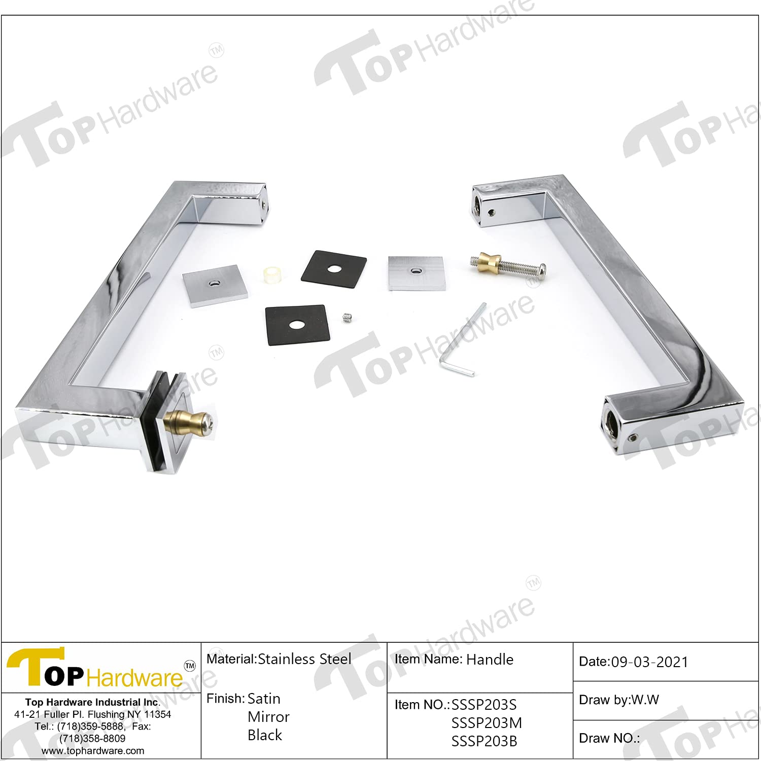 Stainless Steel 304 Grade Tubular Back to Back Shower Door Pull Handle (8-Inch, Square, Mirror Chrome Finish SSSP203M)