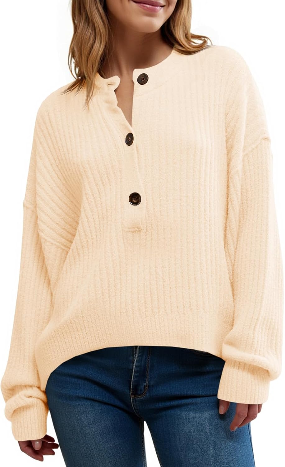 Saodimallsu Womens Henley Sweater Tops Fall Button Crew Neck Long Sleeve Trendy Loose Ribbed Knit Pullover Sweaters