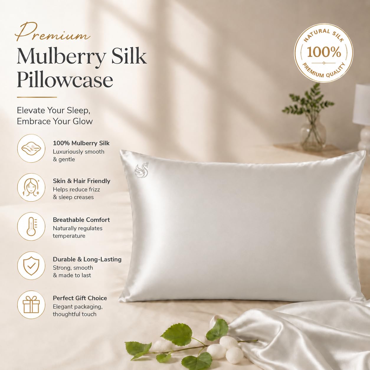 100% Pure Mulberry Silk Pillowcase, 22 Momme 6A Grade, for Hair & Skin, Gift for Women & Men (White, Standard)