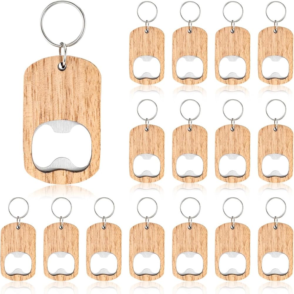 Pinafresa Chain Unfinished Key Tags Wooden Keychain Bottle Opener Blanks 16Pcs Wood Engraving Bulk DIY Gift for Party Favors