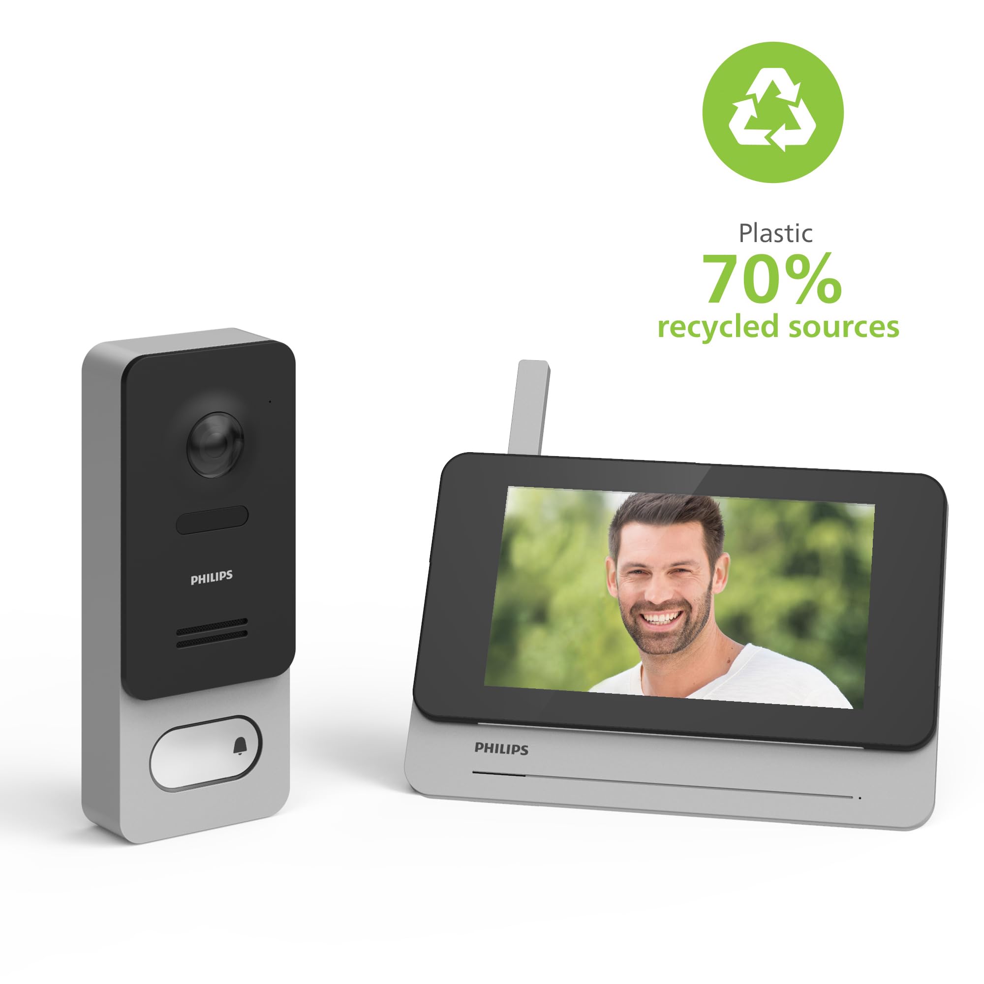 PHILIPS WelcomeEye Wireless, Visiophone Connecté sans Fil, Interphone Vidéo Batterie Rechargeable, Écran Tactile 7 Pouces, Portée 350m, Caméra 1080p Vision Nocturne, Application Smartphone, Noir