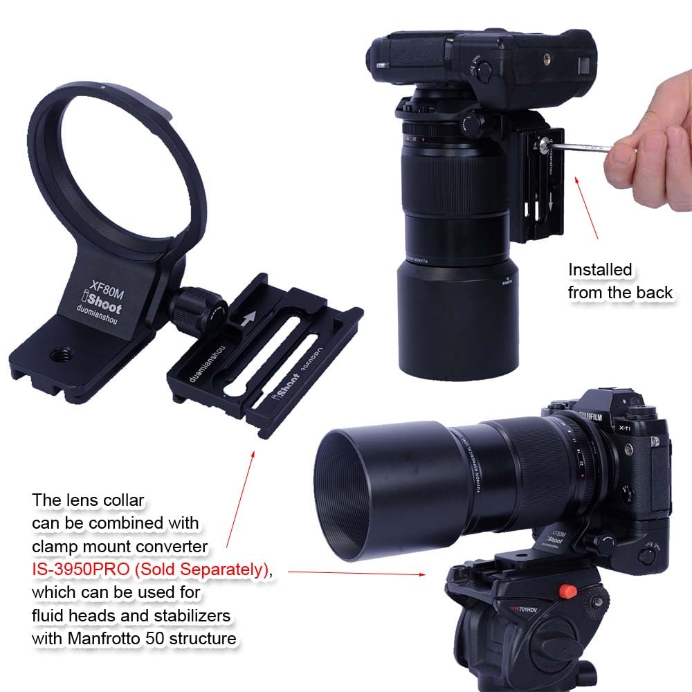iShoot Objektivkragen Unterstützung Stativ Mount Ring kompatibel mit Fuji XF 80 mm F2.8 R LM OIS WR Makro, Halterung unten Arca-Swiss Fit Schnellwechselplatte für Arca-Stativkopfklemme