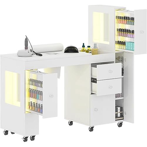 Manicure Table for Nail Tech w/ LED Light Display Cabinet, Nail Desk with Lockable Wheels, Dust Collector, Drawers, Wrist Rest, Acetone-Resistant, for Beauty Salon, Spa & Home Workstation (White)