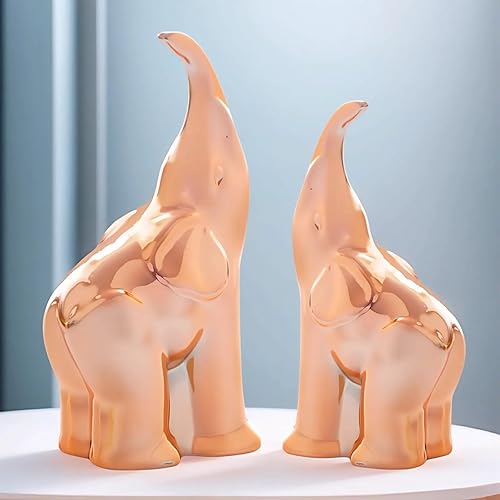 Estatuas de elefante de cerámica para decoración del hogar, figuras de elefante dorado con tronco para mujer, colecciones para amantes de los