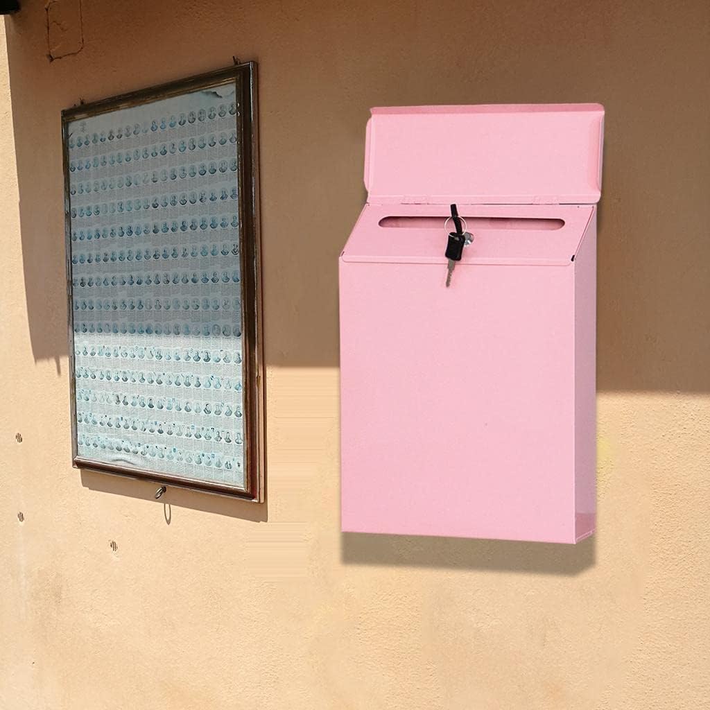 NC Iron Vertical Mailbox Hanging Security Wall Mounted Suggestion Drop Box Secured Paperwork Newspapers Magazines Holder Postbox Case Porch Room Decors - Pink