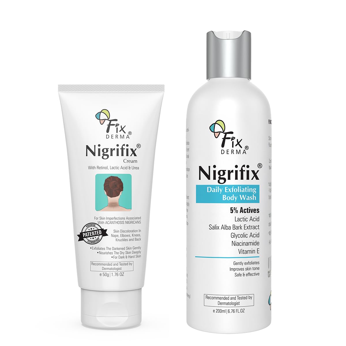 Fixderma Nigrifix Cream + 5% Actives Exfoliating Bodywash Combo | Cream for Underarm Whitening, Dark Neck, Ankles, Knuckles & Elbows | Exfoliating Shower Gel for Women & Men | All Skin Type - 250ml