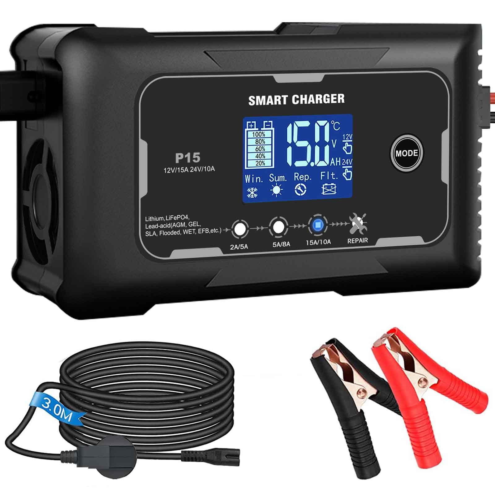 Car Battery Charger, HTRC 15A 12V/24V Battery Charger for Leisure(AGM/Gel/SLA/EFB) and LiFePO4, Automatic Intelligent 9-Stages Trickle Charger Maintainer with LCD Screen for Car, Motorcycle and More
