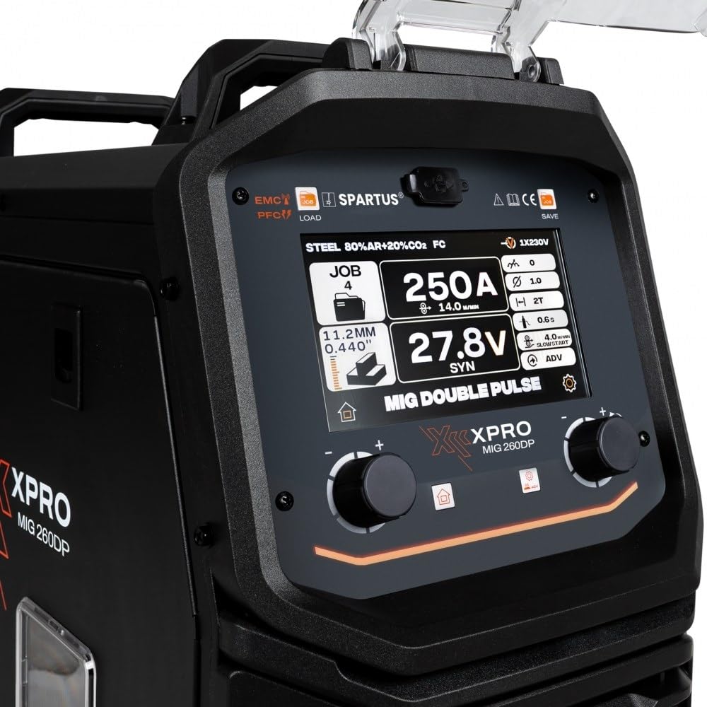 SPARTUS XPro MIG 260 Dual Pulse MIG MAG Schweißgerät 250A, Schutzgasschweißgerät Synergic, Inverter 4 in 1, PFC, 4-Rollen-Antrieb, Ohne Akku, Multiprozess für Alu & Edelstahl, WIG Lift, 230V