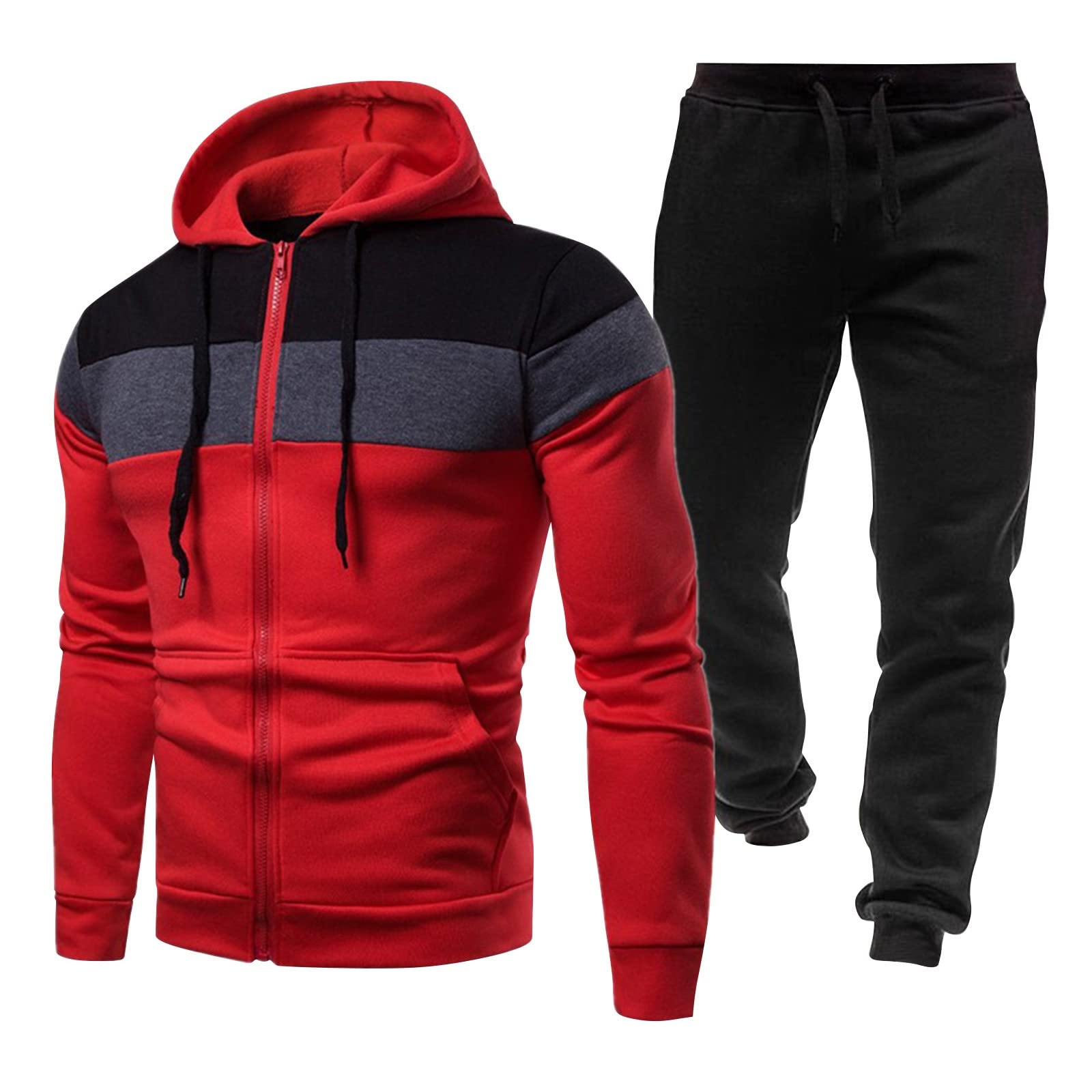 Męski dres treningowy, 2-częściowy, zapinana na zamek bluza z kapturem i joggery, ciemnoszara i czarna, odzież sportowa dla mężczyzn, miękka bawełniana dres treningowy z kieszeniami, wygodna odzież