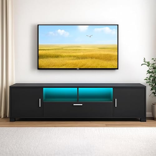 Miniatura 10 de Soporte de TV LED para televisores de 32 a 55 pulgadas, centro de entretenimiento moderno de 51 pulgadas con luces RGB, estantes de vidrio y armario