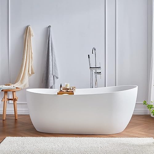 Cpingao Stone Resin - Bañera ovalada independiente de 55 pulgadas, moderna bañera independiente con desbordamiento y drenaje desplegable, moldeado