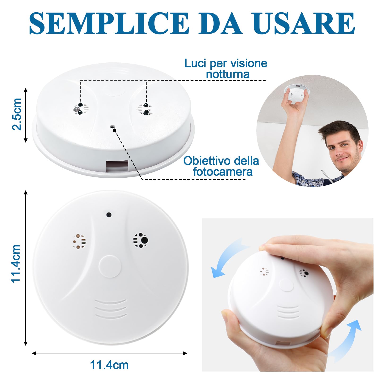 Telecamera Nascosta Wi-Fi a 2,4 e 5 GHz, Telecamera Nascosta Rilevatore di Fumo, Mini Telecamera Nascosta WiFi, Telecamera Spia Nascosta HD 1080P con Rilevamento del Movimento e Visione Notturna
