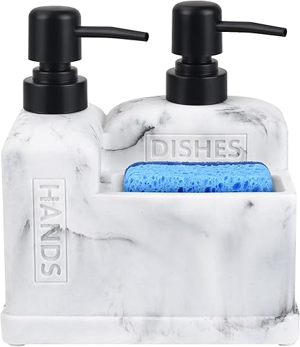 Miniatura 8 de Juego de dispensador de jabón para manos y platos para cocina, dispensador de jabón doble con soporte para esponja, organizador 3 en 1, dispensador