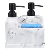 Kitchen Hand Soap and Dish Soap Dispenser Set&comma;Dual Soap Dispenser with Sponge Holder 3-in-1 Organizer for Kitchen Sink&comma;Bathroom&comma;Useful Kitchen Gadgets - White Marble Look