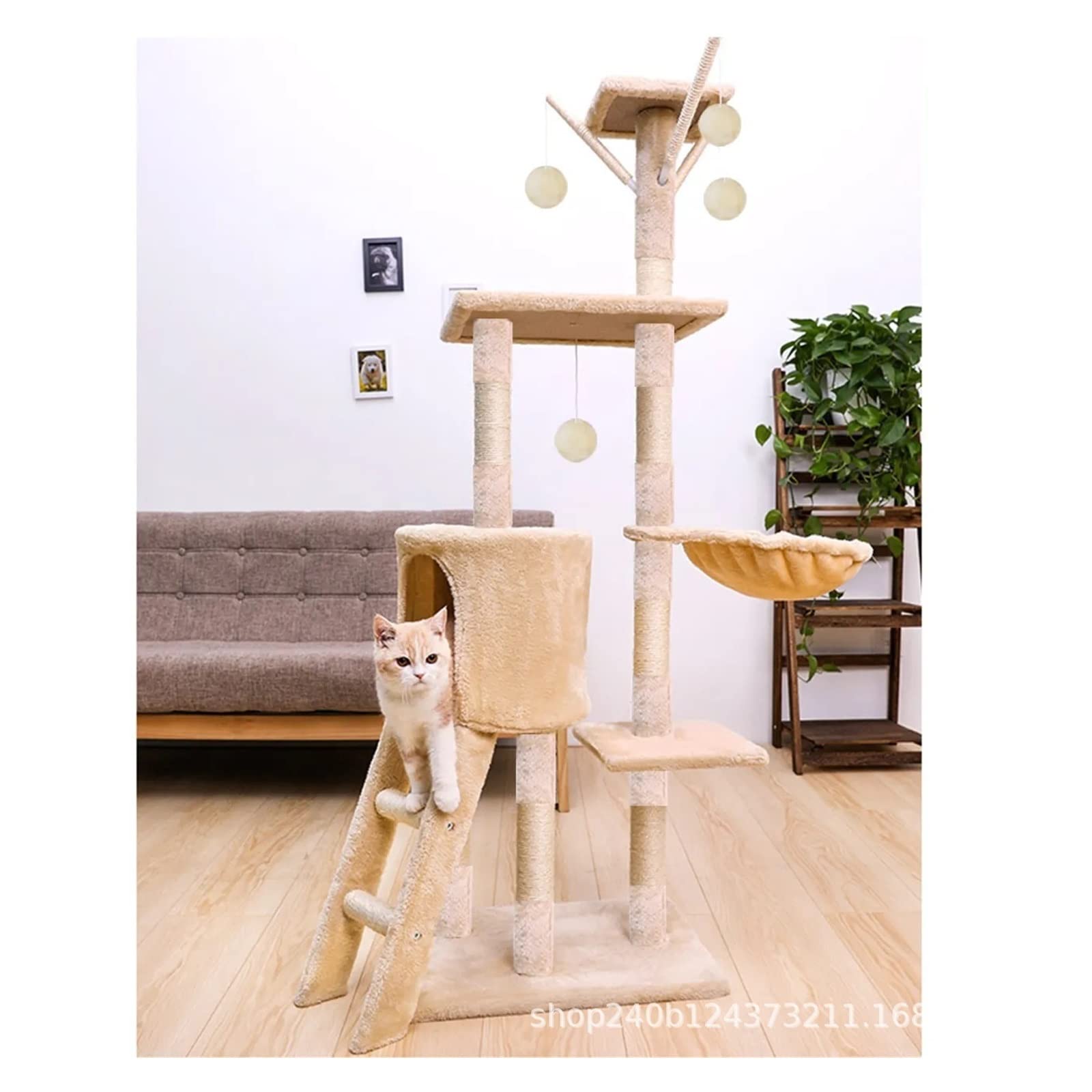 Kratzbaum, Katzenklettergerüst, integrierte Katzentoilette, Katzenbaumturm, Katzenregal, großes Spielzeug, Sprungplattform, Katzenzubehör, Katzenkletterbaum (Farbe: Beige) Vision